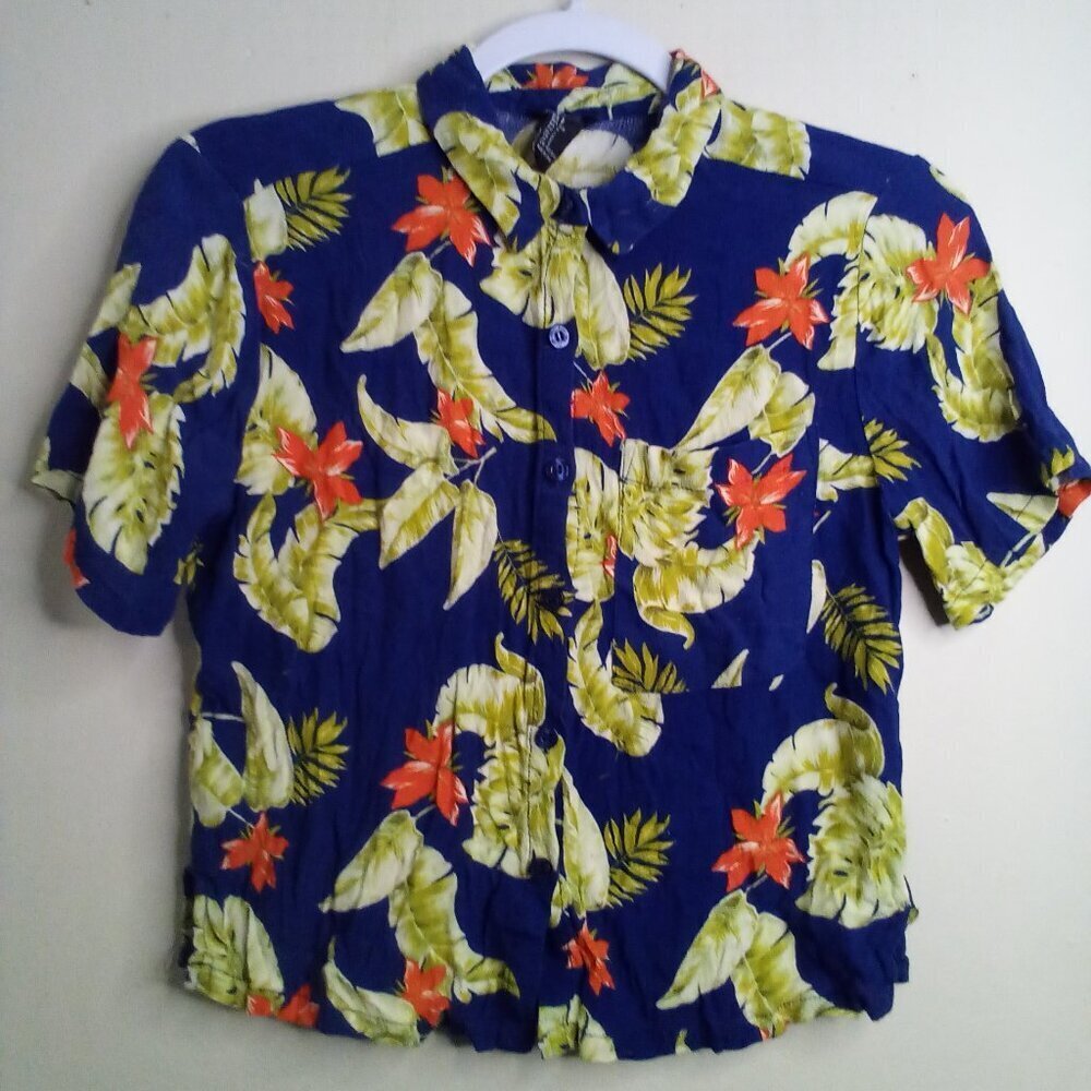 Forever 21 Shirt Women S Button Up Short Sleeve Tropical Hawaiian Blue Yellow